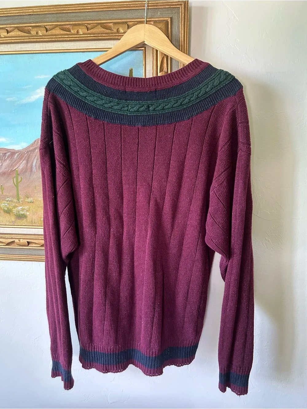 Men's V-Neck Cable Accent Sweater - Burgundy/Green